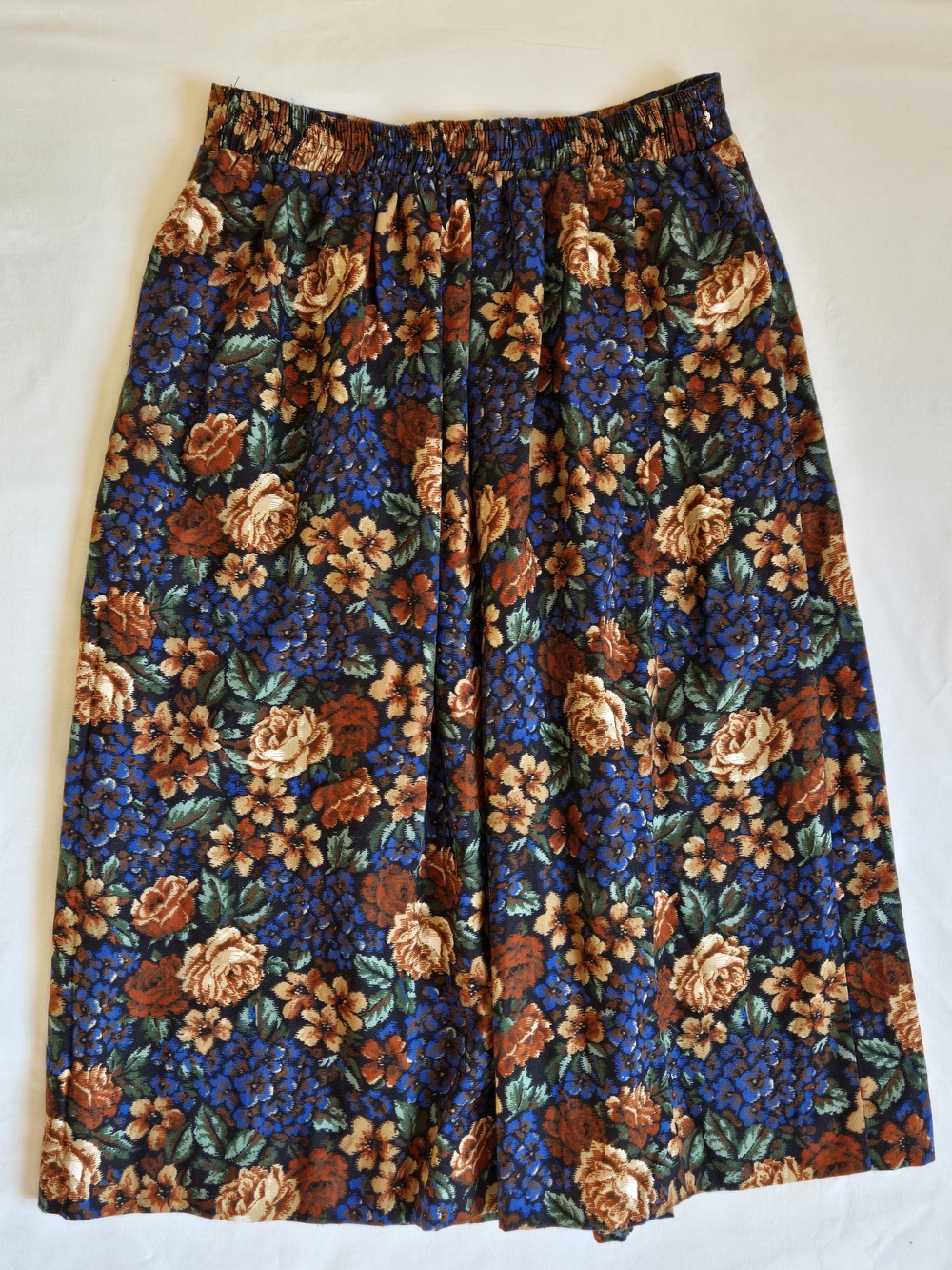 Vintage Women's Floral Pleated Skirt - Blue & Rust 1970s Mod - Picture 3 of 7